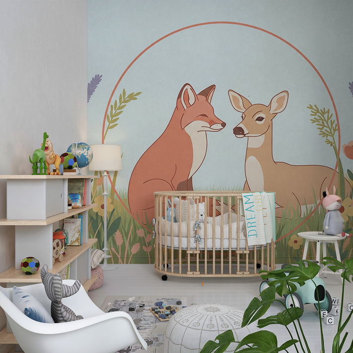 Papel de parede quarto bebê | Raposa e veado num campo florido