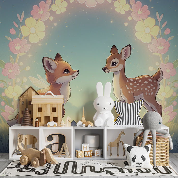 Børneværelse tapet | Ræv og killing i en fortryllende blomsterindretning