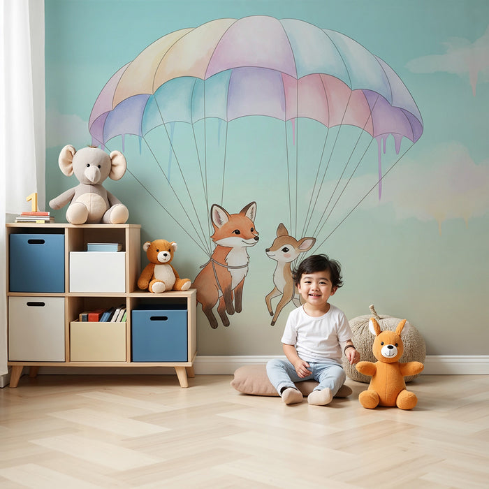 Papel de parede quarto bebê | Raposa e filhote de veado de paraquedas