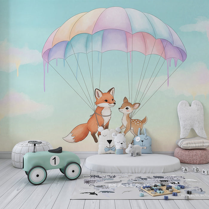 Papel de parede quarto bebê | Raposa e filhote de veado de paraquedas