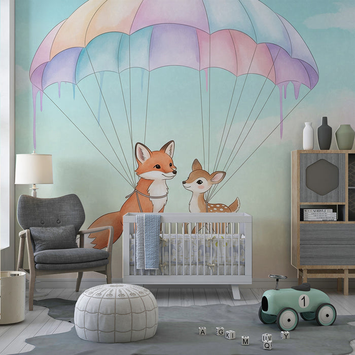 Papel de parede quarto bebê | Raposa e filhote de veado de paraquedas