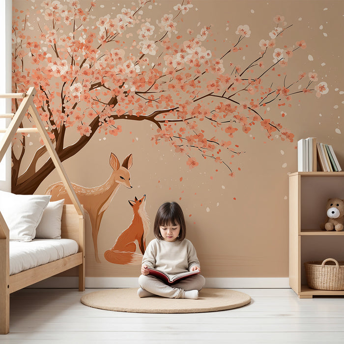 Børneværelse tapet | Ræv og kid under et blomstrende kirsebærtræ