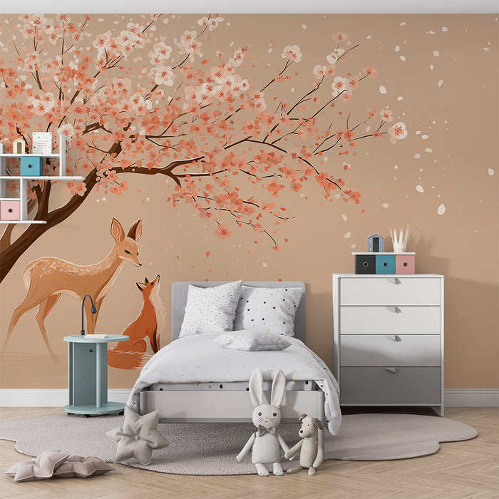 Børneværelse tapet | Ræv og kid under et blomstrende kirsebærtræ