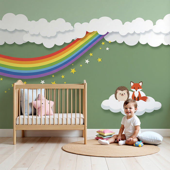 Papel pintado para habitación infantil | Zorro y erizo bajo un arcoíris en las nubes
