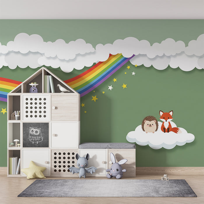 Papel pintado para habitación infantil | Zorro y erizo bajo un arcoíris en las nubes