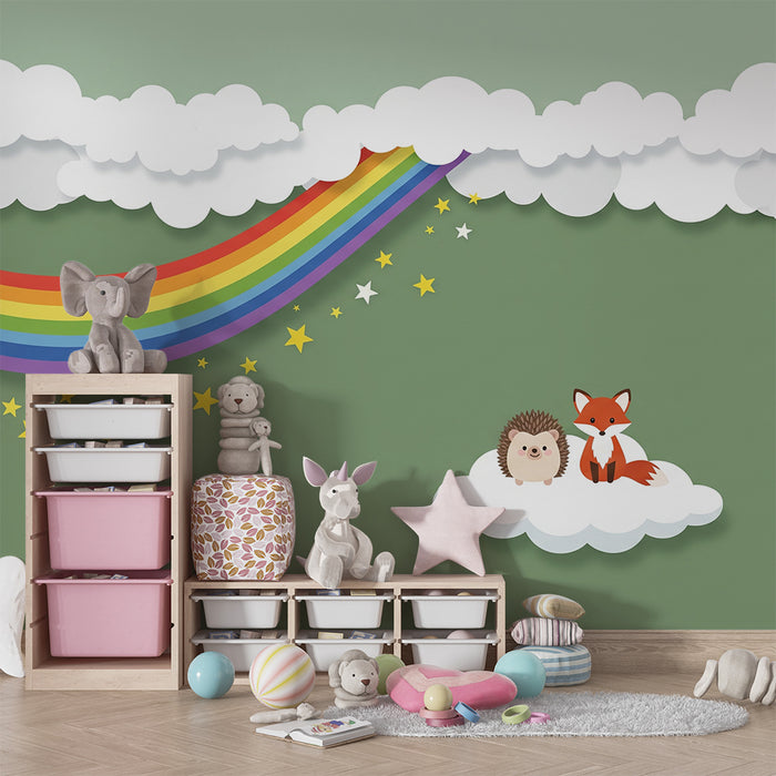 Papel pintado para habitación infantil | Zorro y erizo bajo un arcoíris en las nubes