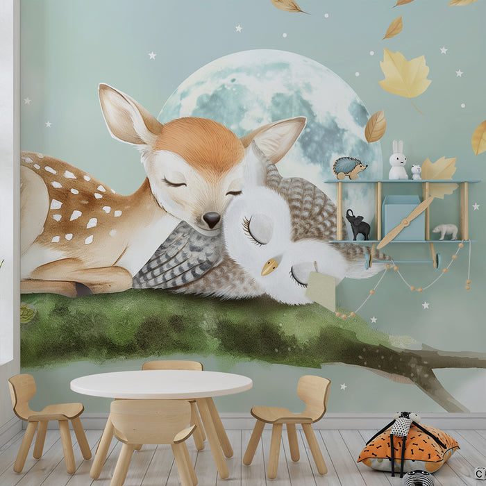 Papel de parede quarto bebê | Raposa e coruja adormecidas sob a lua
