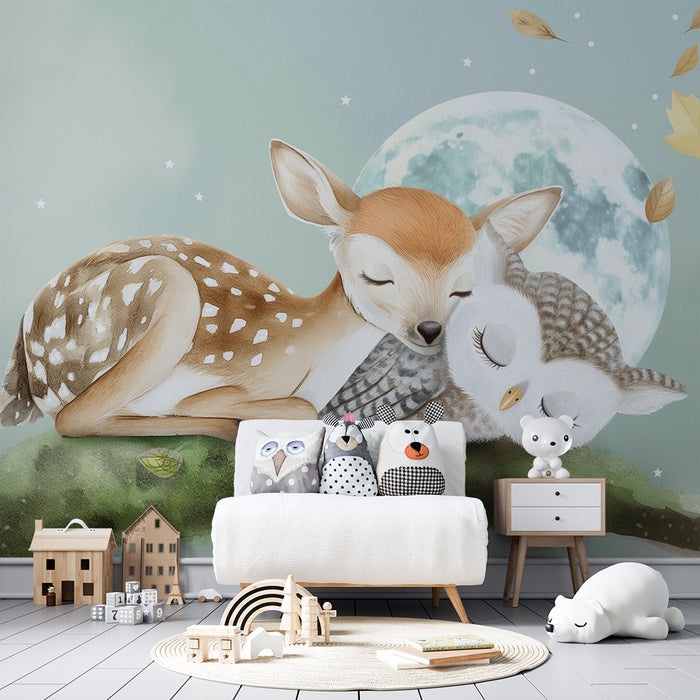 Papel de parede quarto bebê | Raposa e coruja adormecidas sob a lua