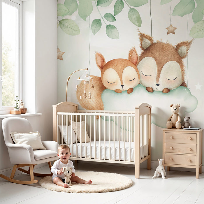 Papier peint chambre bébé | Renard et hibou endormis sur un nuage doux