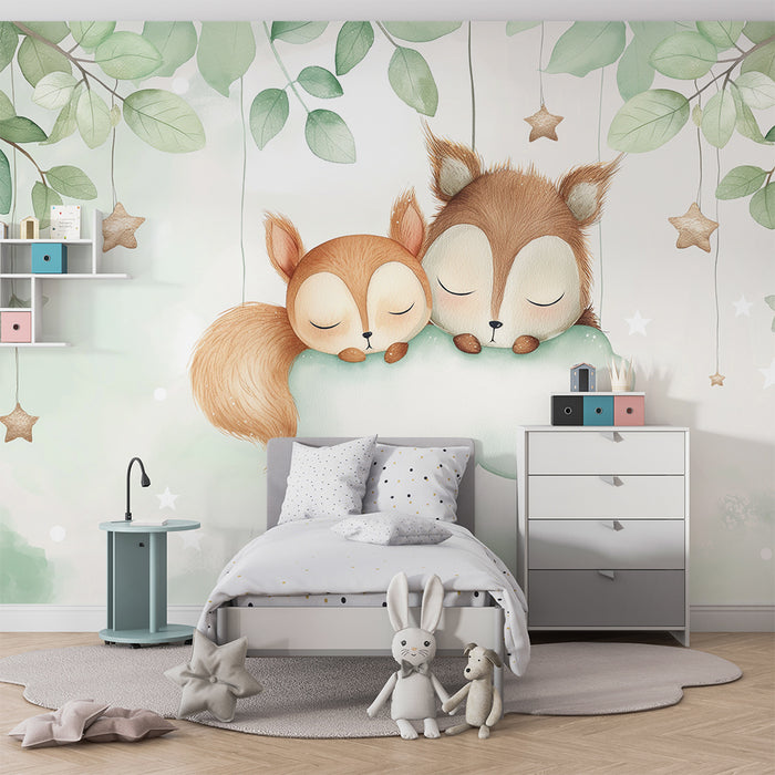 Papier peint chambre bébé | Renard et hibou endormis sur un nuage doux