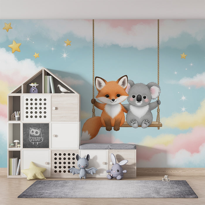 Papel de parede quarto bebê | Raposa e coalas em um balanço
