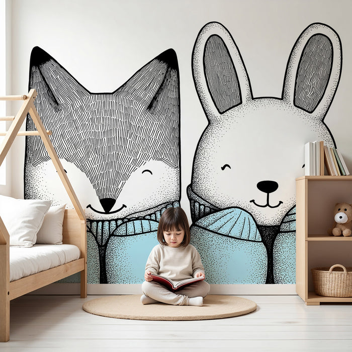 Papel de parede quarto bebê | Ласкава лисица и заек в уютни пуловери