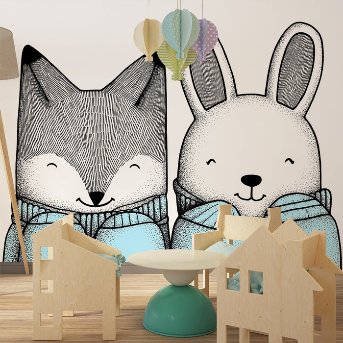 Papel de parede quarto bebê | Ласкава лисица и заек в уютни пуловери