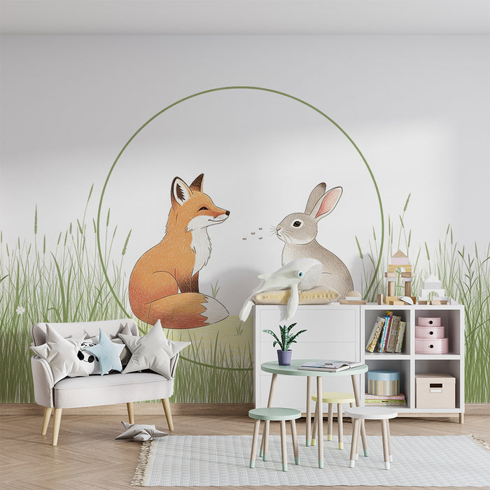 Papel pintado infantil | Zorro y conejo en un bonito campo de flores