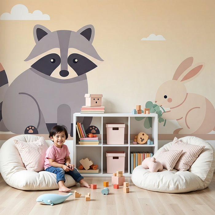 Papier peint chambre bébé | Renard et lapin dans un paysage doux