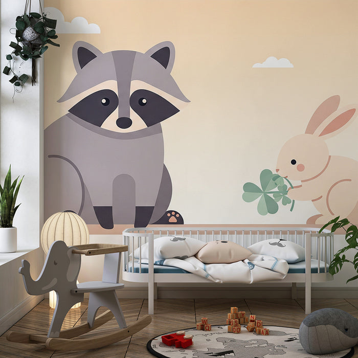 Papier peint chambre bébé | Renard et lapin dans un paysage doux