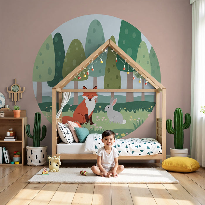 Papier peint chambre bébé | Renard et lapin dans un paysage forestier doux