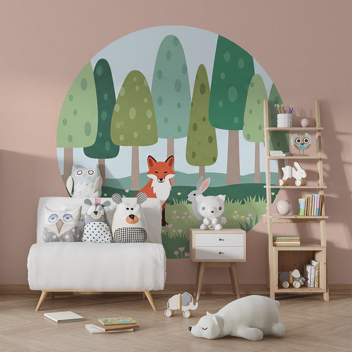 Papier peint chambre bébé | Renard et lapin dans un paysage forestier doux