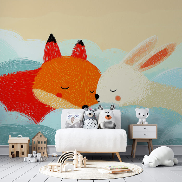 Tapet barnerom | Sove rev og kanin i skyene