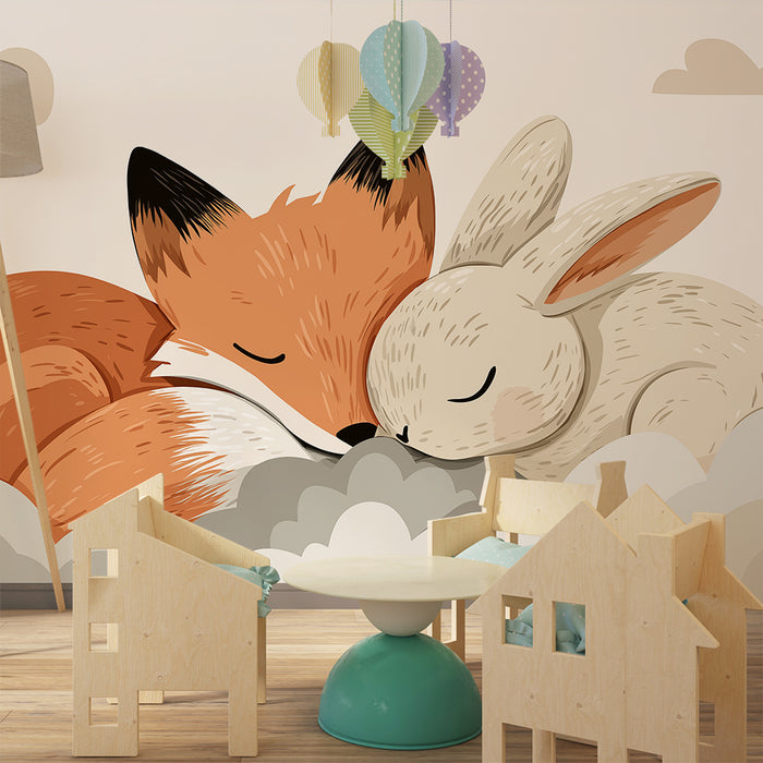 Papier peint chambre bébé | Renard et lapin dorment dans les nuages