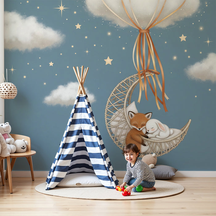 Papel de parede para quarto de bebé | Raposa e coelho a dormir numa rede estrelada