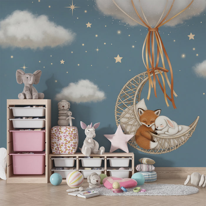 Papel de parede para quarto de bebé | Raposa e coelho a dormir numa rede estrelada