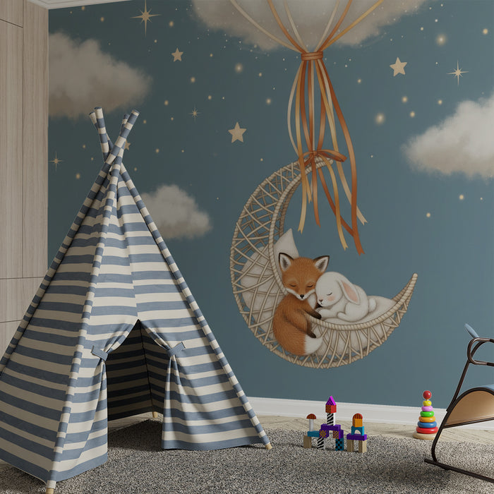 Papel de parede para quarto de bebé | Raposa e coelho a dormir numa rede estrelada