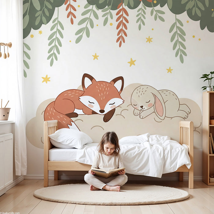 Papier peint chambre bébé | Renard et lapin endormis sous les étoiles