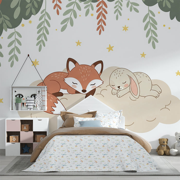 Papier peint chambre bébé | Renard et lapin endormis sous les étoiles