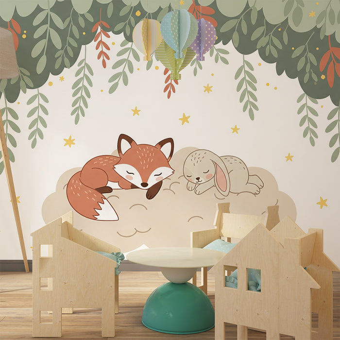Papier peint chambre bébé | Renard et lapin endormis sous les étoiles