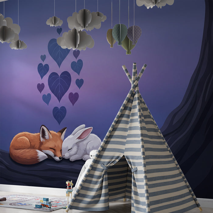 Tapet barnerom | Sove rev og kanin under en stjernehimmel