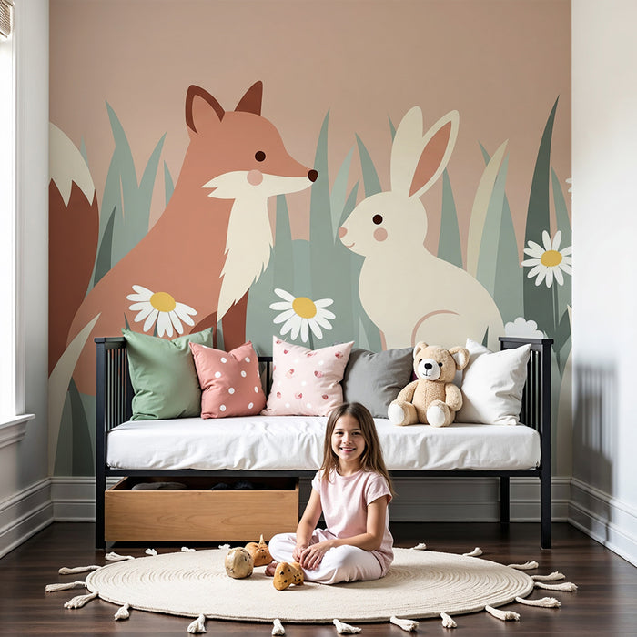 Papier peint chambre bébé | Renard et lapin mignons dans un champ de fleurs
