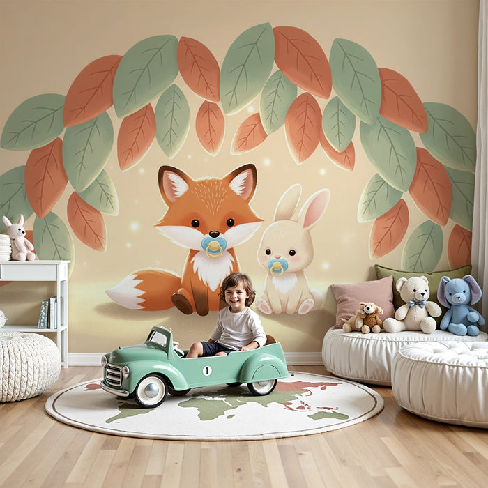 Papier peint chambre bébé | Renard et lapin mignons sous un feuillage