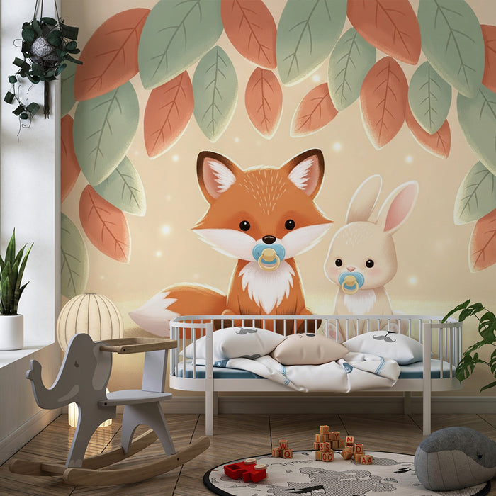 Papier peint chambre bébé | Renard et lapin mignons sous un feuillage