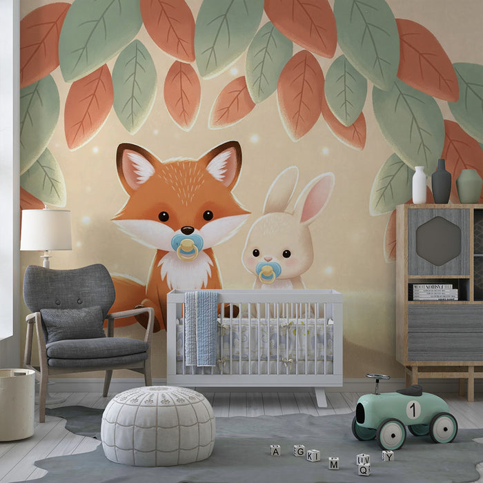 Papier peint chambre bébé | Renard et lapin mignons sous un feuillage