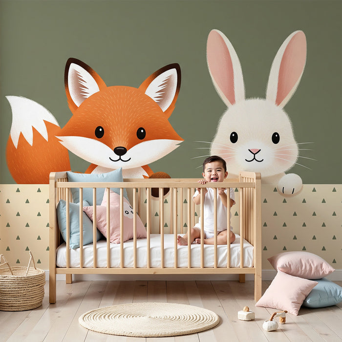 Nursery Wallpaper | Cute Fox and Rabbit on Soft Background
