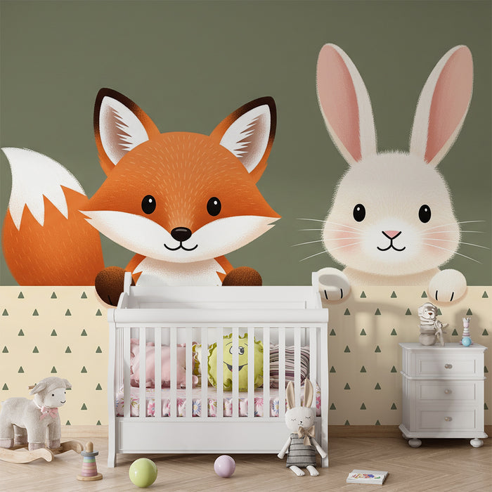 Nursery Wallpaper | Cute Fox and Rabbit on Soft Background