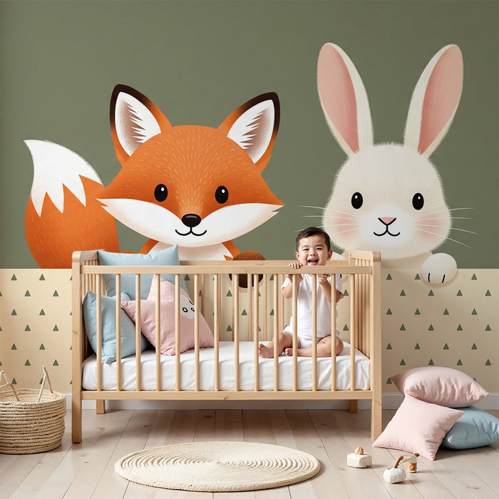 Papel pintado para habitación infantil | Zorro y conejo adorables sobre fondo suave