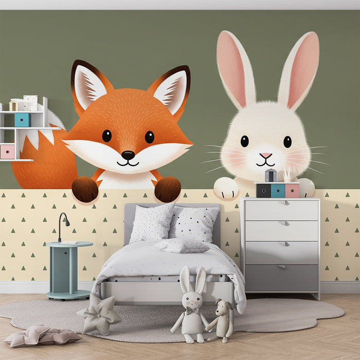 Papel pintado para habitación infantil | Zorro y conejo adorables sobre fondo suave