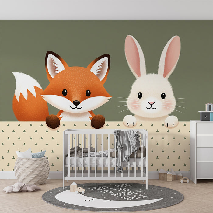 Papel pintado para habitación infantil | Zorro y conejo adorables sobre fondo suave