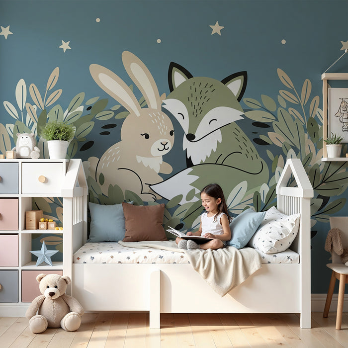 Papier peint chambre bébé | Renard et lapin sous les étoiles