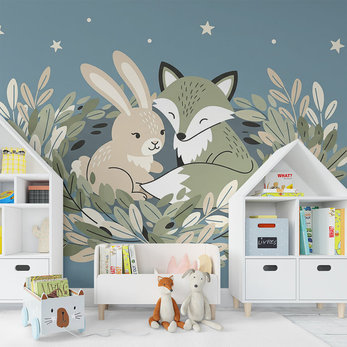 Papier peint chambre bébé | Renard et lapin sous les étoiles
