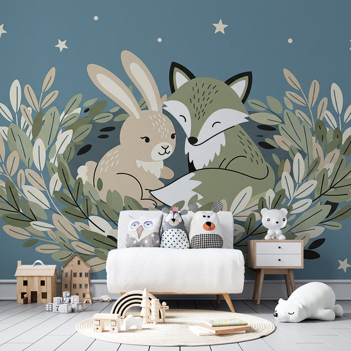 Papier peint chambre bébé | Renard et lapin sous les étoiles