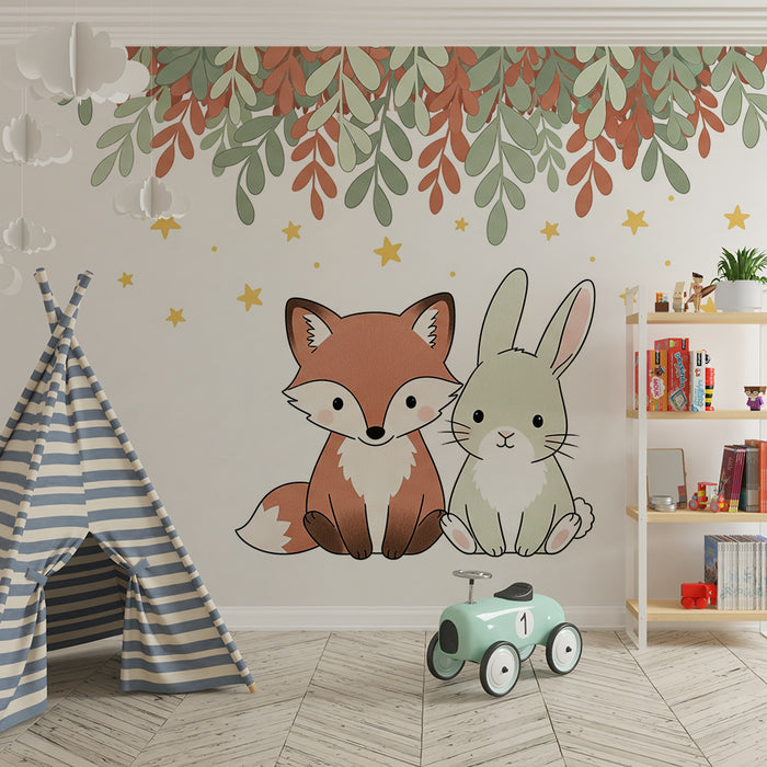 Papel de parede quarto bebê | Raposa e coelho sob as estrelas e folhagens