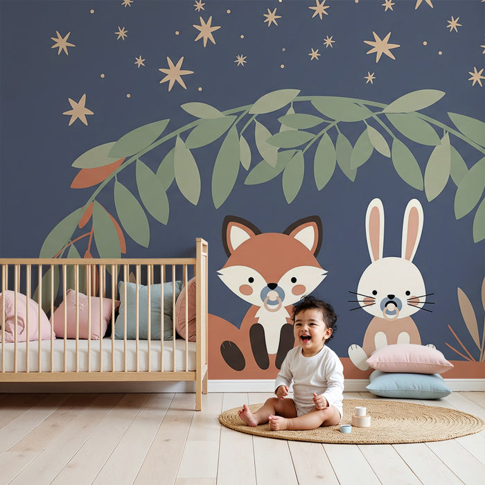 Papier peint chambre bébé | Renard et lapin sous les étoiles fond bleu nocturne