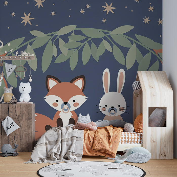 Papier peint chambre bébé | Renard et lapin sous les étoiles fond bleu nocturne
