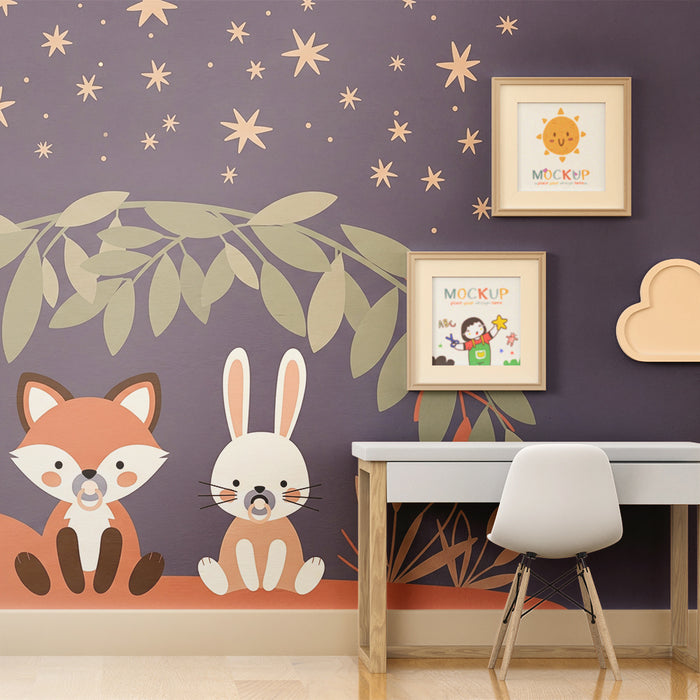 Papier peint chambre bébé | Renard et lapin sous les étoiles fond bleu nocturne