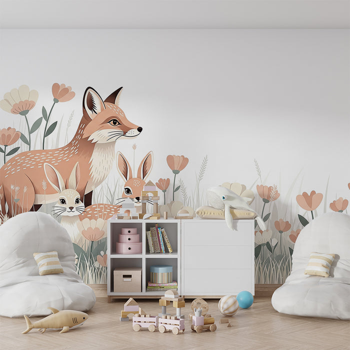 Papier peint chambre bébé | Renard et lapins dans un champ de fleurs pastel