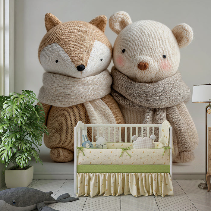 Tapet pentru camera de copii | Vulpe și urs de pluș cu șaluri moi