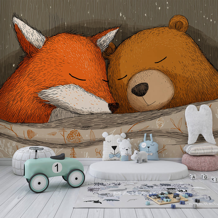 Papel de parede quarto bebê | Αλεπού και αρκούδα κοιμούνται κάτω από μια απαλή κουβέρτα